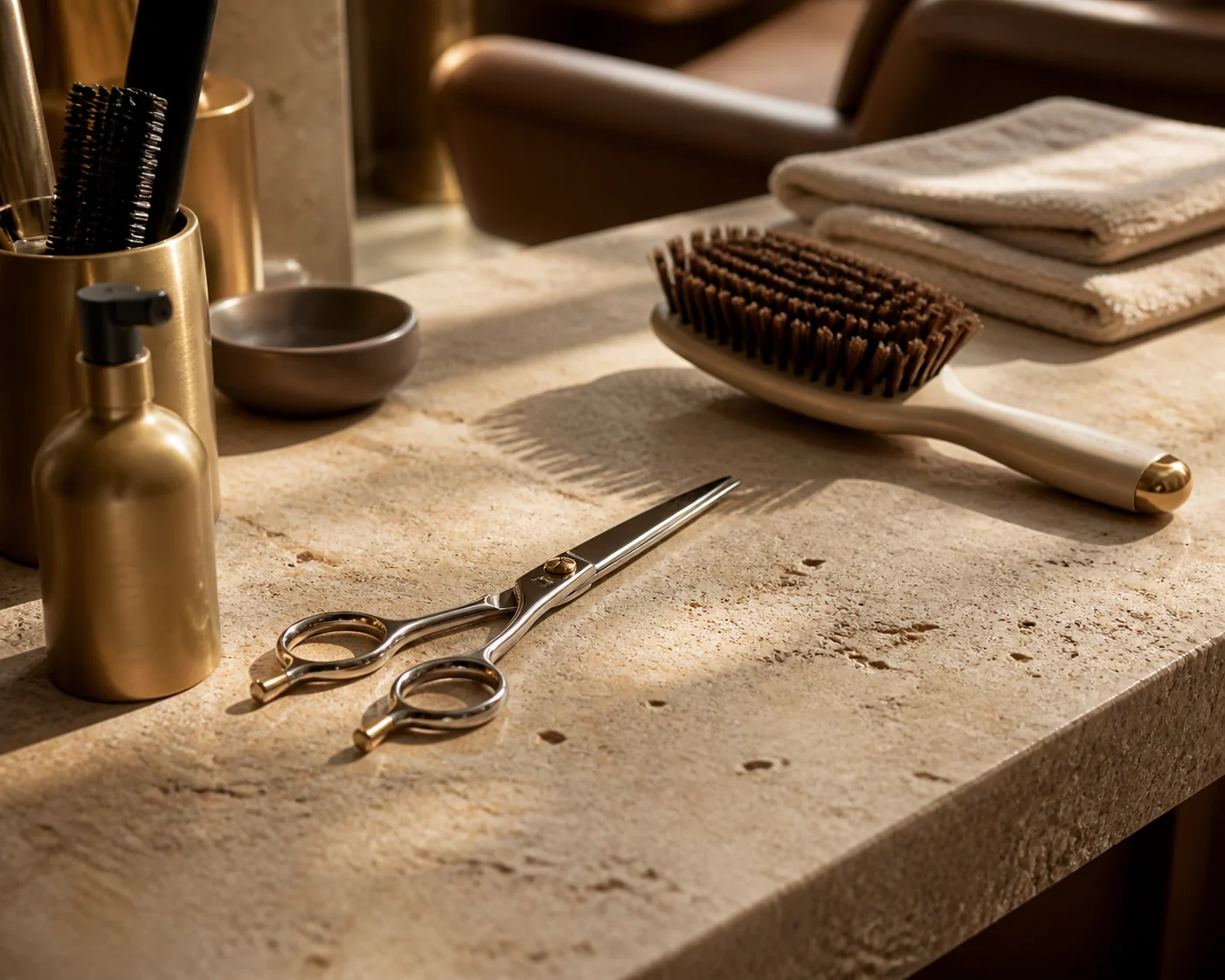 Professionelle Friseurwerkzeuge auf einer hellen Ablage